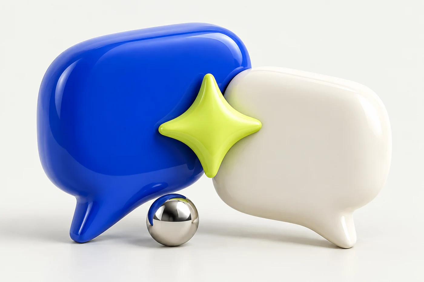 Cobalt and ivory speech bubbles with a lime sparkle between them
