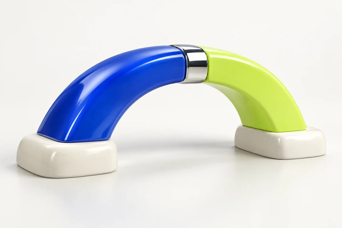Cobalt and lime bridge sections joining over ivory supports