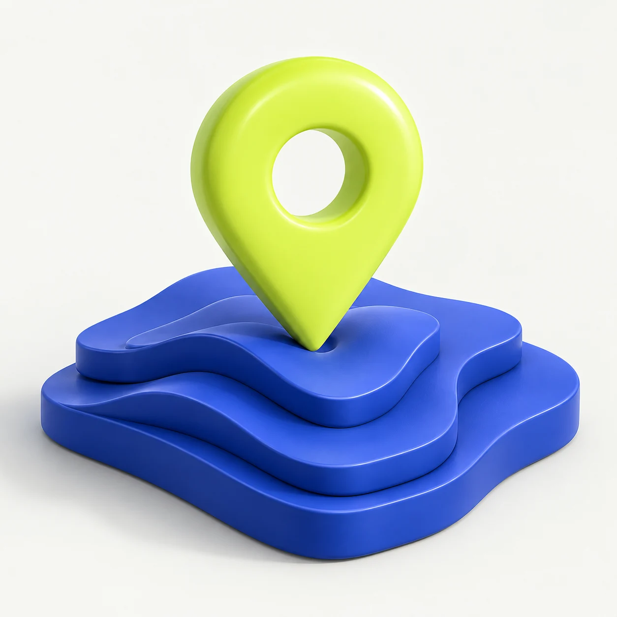 Lime location pin resting on layered cobalt map tiles