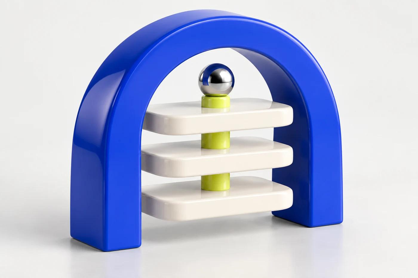 Cobalt architectural structure with aligned ivory layers and a lime connector